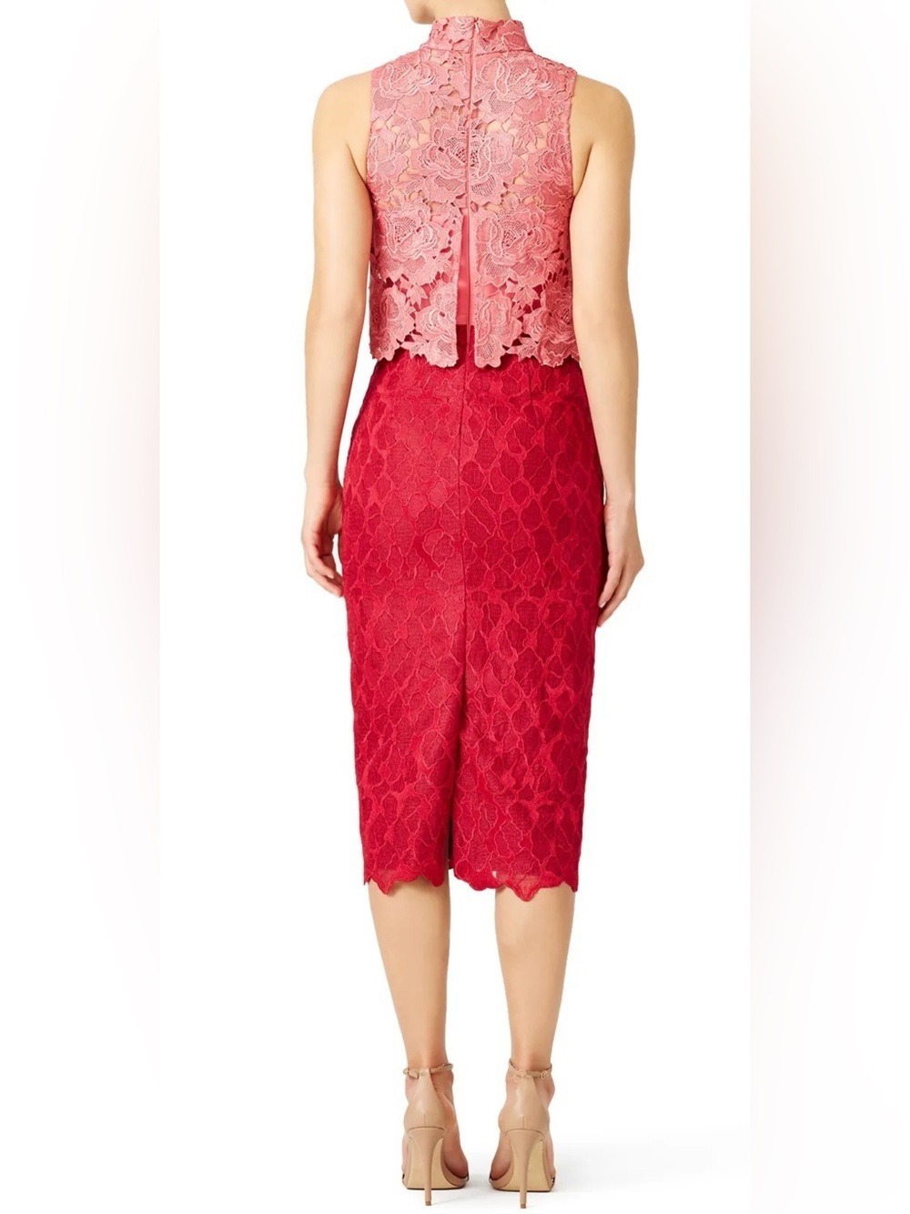 Monique Lhuillier Pink Red Colorblock High Neck Lace Midi Dress Size 0 - Picture 4 of 5